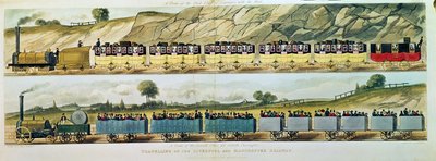 Reisen auf der Liverpool und Manchester Railway: Ein Zug der ersten Klasse mit der Post und ein Zug der zweiten Klasse für Außenpassagiere, graviert von S.G. Hughes, veröffentlicht von R. A von Isaac Shaw